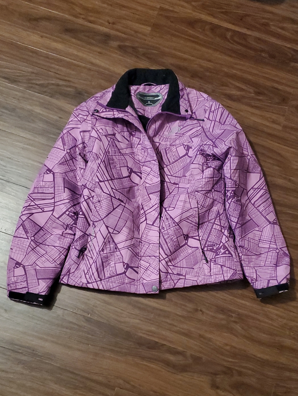 Women's Purple Patterned Ski Jacket with Black Collar Accents